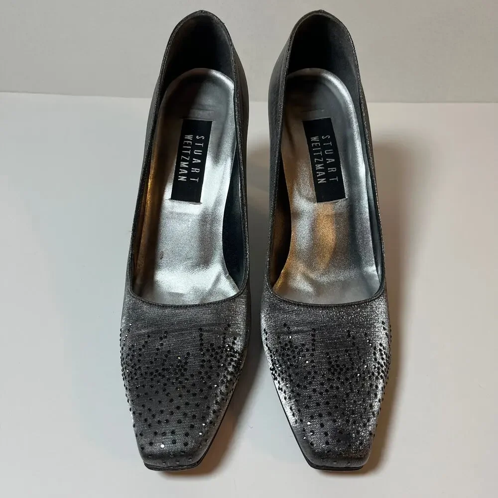 Stuart Weitzman Square Toe Pumps Silver Metallic Size 8.5 Formal‎ Wedding Bride